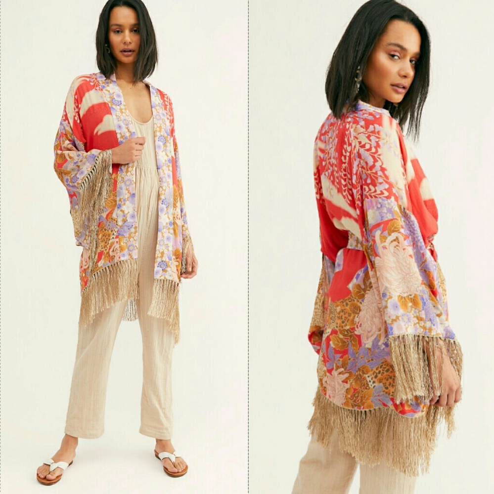 New Spell Designs Free People Willow Short Kimono Tassel Robe M L Burnt Orange